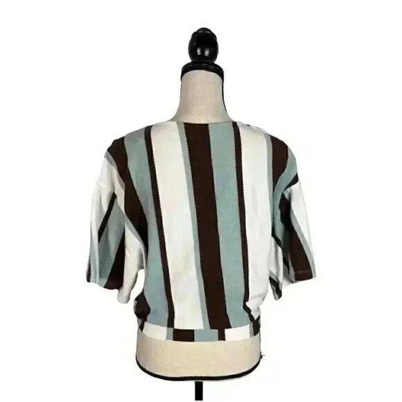 Zara Women's Blue/Cream/Brown Striped Cotton Poly Wrap Shirt - Picture 4 of 12